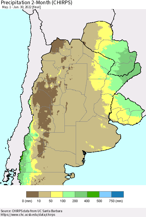 Southern South America Precipitation 2-Month (CHIRPS) Thematic Map For 5/1/2022 - 6/30/2022