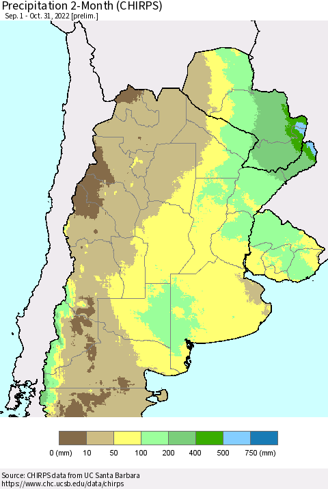 Southern South America Precipitation 2-Month (CHIRPS) Thematic Map For 9/1/2022 - 10/31/2022