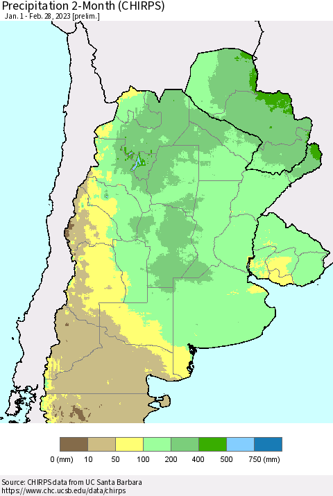 Southern South America Precipitation 2-Month (CHIRPS) Thematic Map For 1/1/2023 - 2/28/2023
