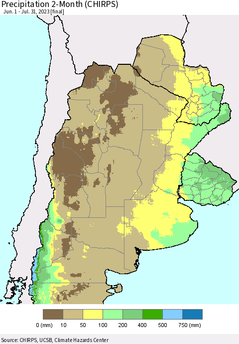 Southern South America Precipitation 2-Month (CHIRPS) Thematic Map For 6/1/2023 - 7/31/2023