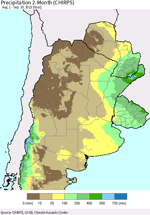 Southern South America Precipitation 2-Month (CHIRPS) Thematic Map For 8/1/2023 - 9/30/2023