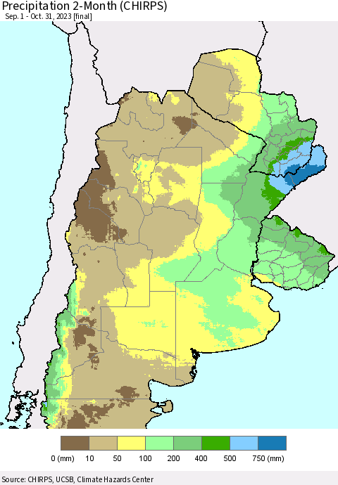 Southern South America Precipitation 2-Month (CHIRPS) Thematic Map For 9/1/2023 - 10/31/2023