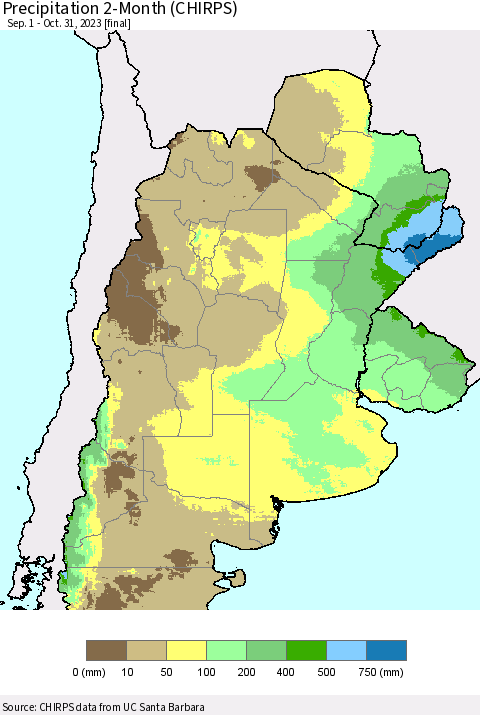 Southern South America Precipitation 2-Month (CHIRPS) Thematic Map For 9/1/2023 - 10/31/2023