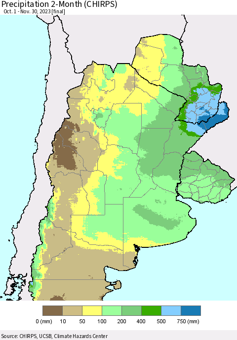 Southern South America Precipitation 2-Month (CHIRPS) Thematic Map For 10/1/2023 - 11/30/2023