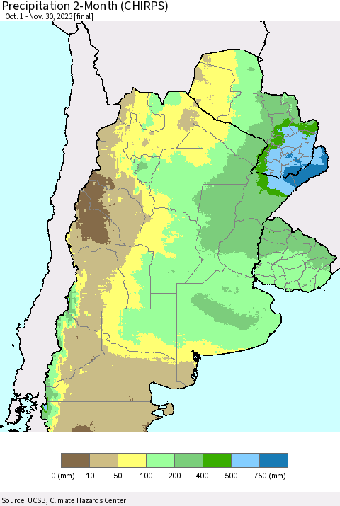 Southern South America Precipitation 2-Month (CHIRPS) Thematic Map For 10/1/2023 - 11/30/2023