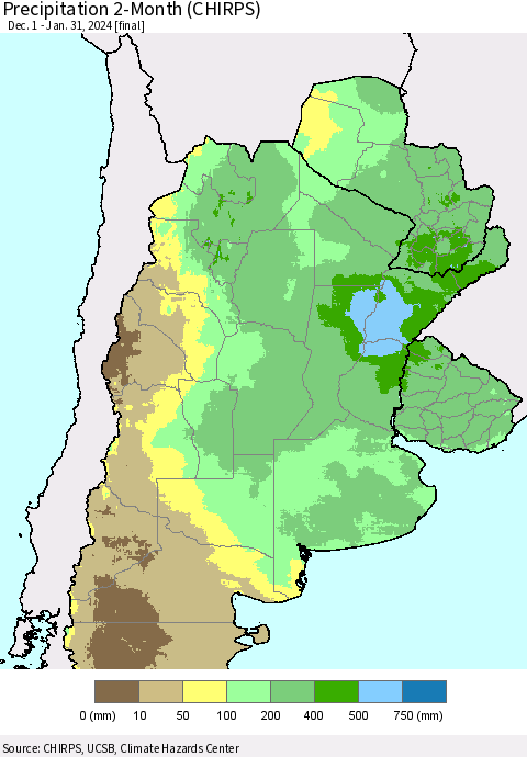Southern South America Precipitation 2-Month (CHIRPS) Thematic Map For 12/1/2023 - 1/31/2024