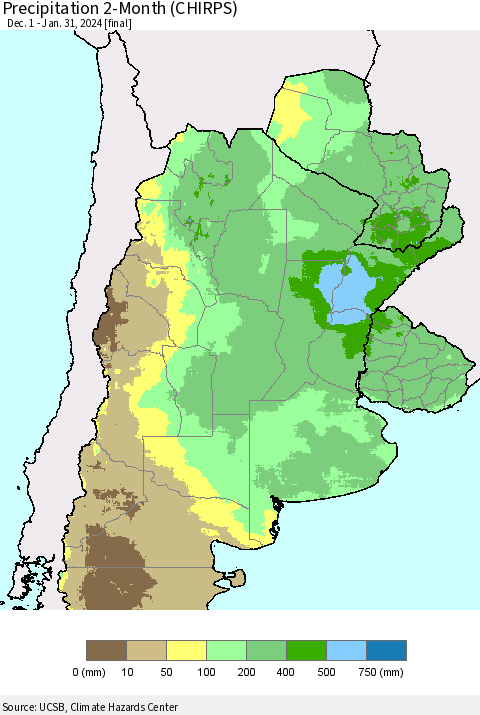 Southern South America Precipitation 2-Month (CHIRPS) Thematic Map For 12/1/2023 - 1/31/2024