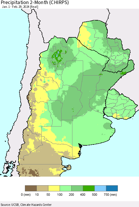 Southern South America Precipitation 2-Month (CHIRPS) Thematic Map For 1/1/2024 - 2/29/2024