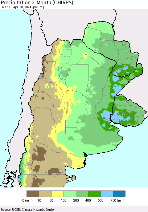 Southern South America Precipitation 2-Month (CHIRPS) Thematic Map For 3/1/2024 - 4/30/2024