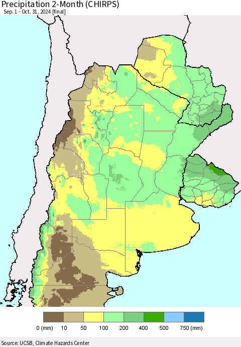 Southern South America Precipitation 2-Month (CHIRPS) Thematic Map For 9/1/2024 - 10/31/2024