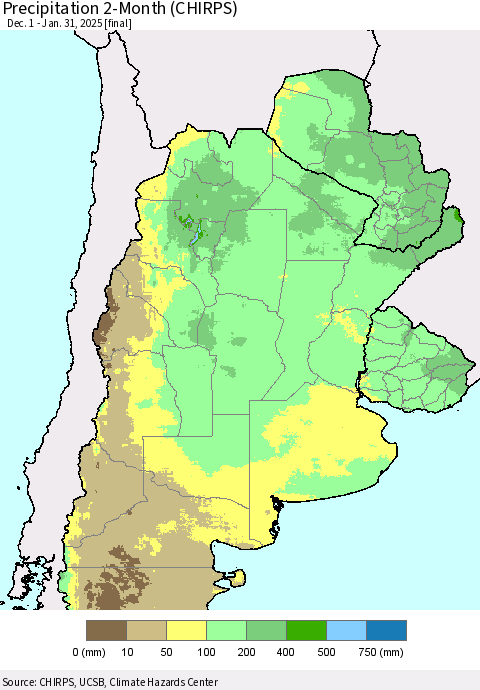 Southern South America Precipitation 2-Month (CHIRPS) Thematic Map For 12/1/2024 - 1/31/2025