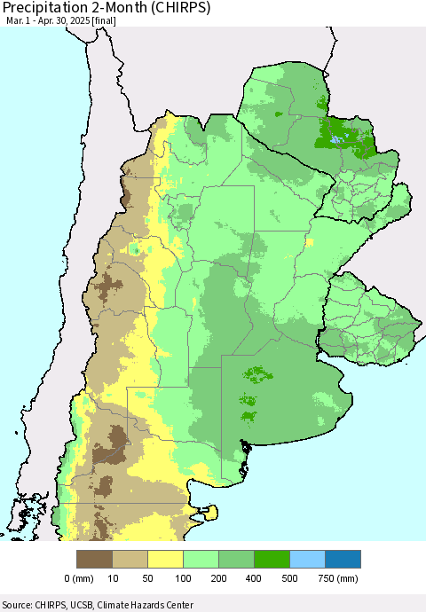Southern South America Precipitation 2-Month (CHIRPS) Thematic Map For 3/1/2025 - 4/30/2025