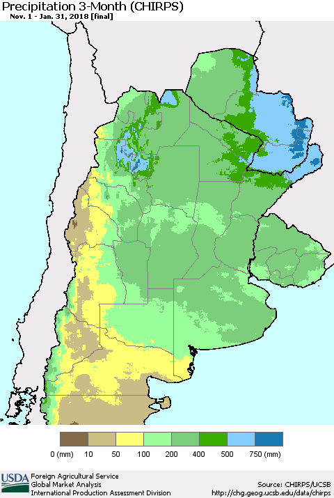 Southern South America Precipitation 3-Month (CHIRPS) Thematic Map For 11/1/2017 - 1/31/2018