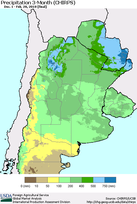 Southern South America Precipitation 3-Month (CHIRPS) Thematic Map For 12/1/2017 - 2/28/2018