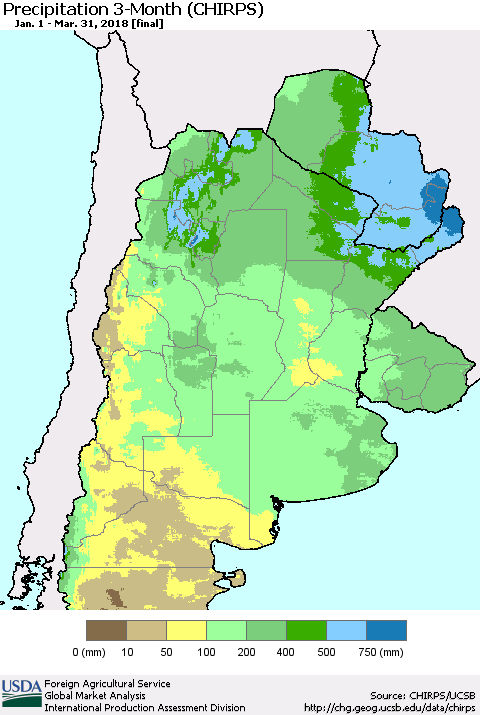 Southern South America Precipitation 3-Month (CHIRPS) Thematic Map For 1/1/2018 - 3/31/2018