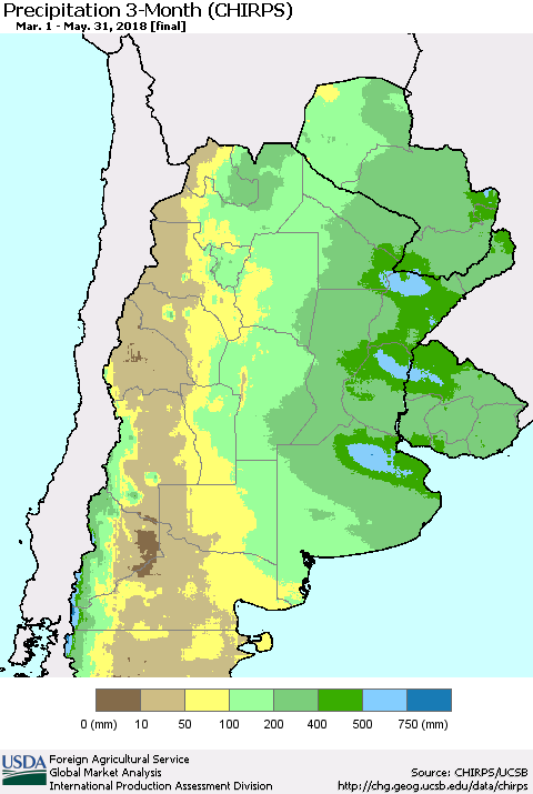 Southern South America Precipitation 3-Month (CHIRPS) Thematic Map For 3/1/2018 - 5/31/2018