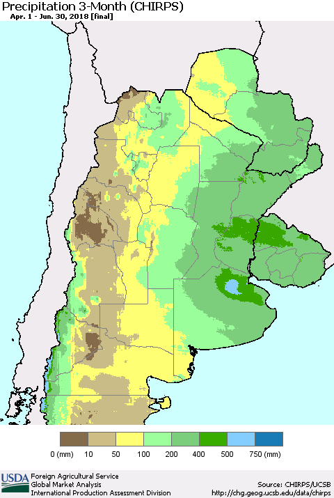 Southern South America Precipitation 3-Month (CHIRPS) Thematic Map For 4/1/2018 - 6/30/2018