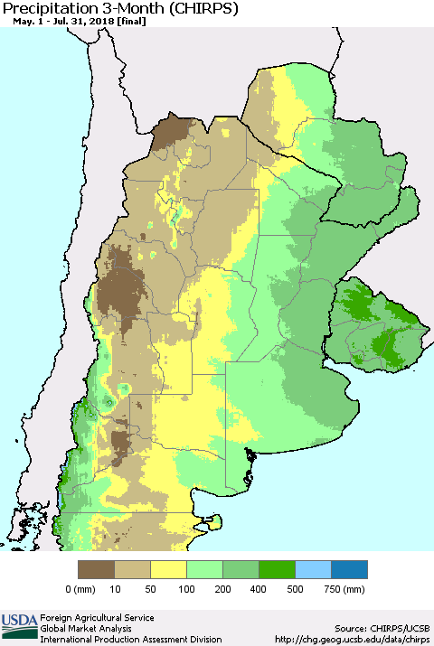 Southern South America Precipitation 3-Month (CHIRPS) Thematic Map For 5/1/2018 - 7/31/2018