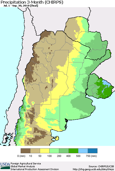 Southern South America Precipitation 3-Month (CHIRPS) Thematic Map For 7/1/2018 - 9/30/2018