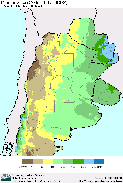 Southern South America Precipitation 3-Month (CHIRPS) Thematic Map For 8/1/2018 - 10/31/2018