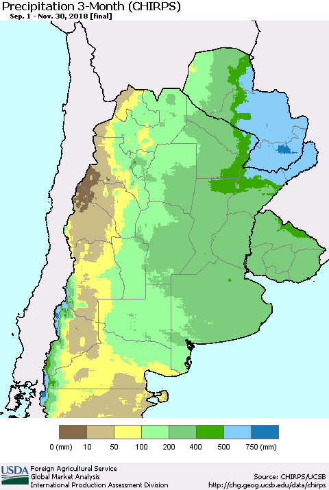 Southern South America Precipitation 3-Month (CHIRPS) Thematic Map For 9/1/2018 - 11/30/2018