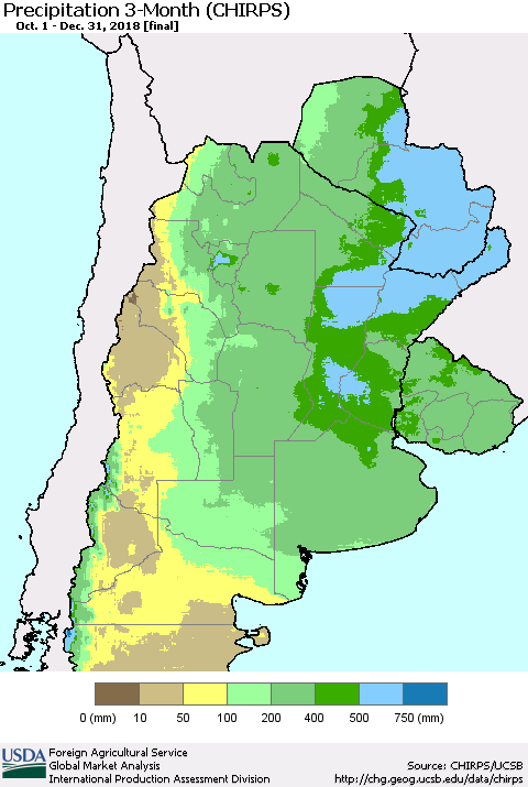 Southern South America Precipitation 3-Month (CHIRPS) Thematic Map For 10/1/2018 - 12/31/2018