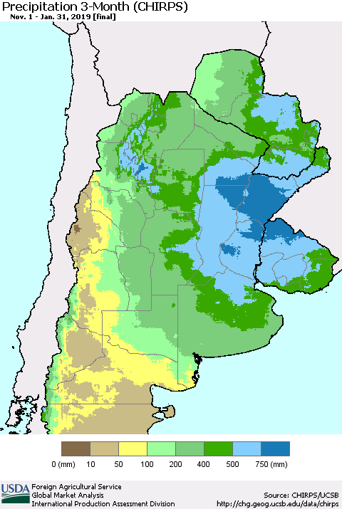 Southern South America Precipitation 3-Month (CHIRPS) Thematic Map For 11/1/2018 - 1/31/2019