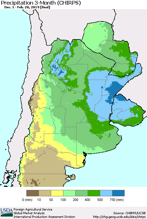 Southern South America Precipitation 3-Month (CHIRPS) Thematic Map For 12/1/2018 - 2/28/2019
