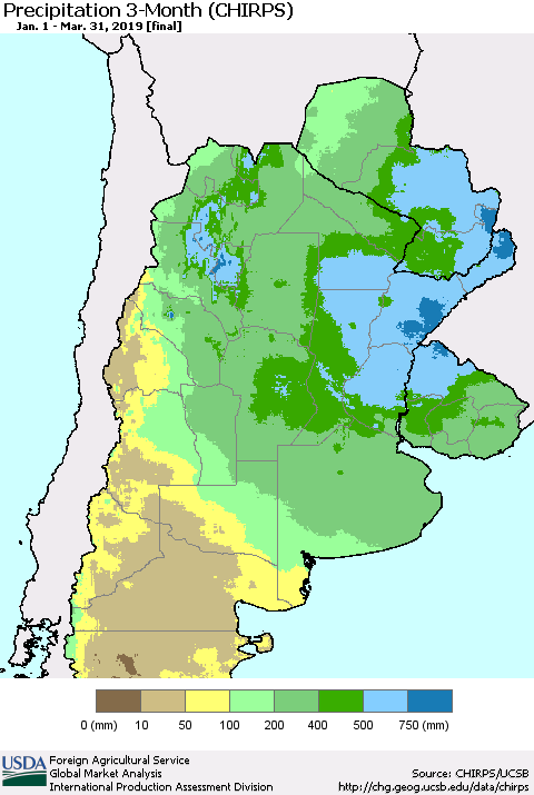 Southern South America Precipitation 3-Month (CHIRPS) Thematic Map For 1/1/2019 - 3/31/2019