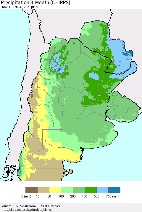Southern South America Precipitation 3-Month (CHIRPS) Thematic Map For 11/1/2019 - 1/31/2020