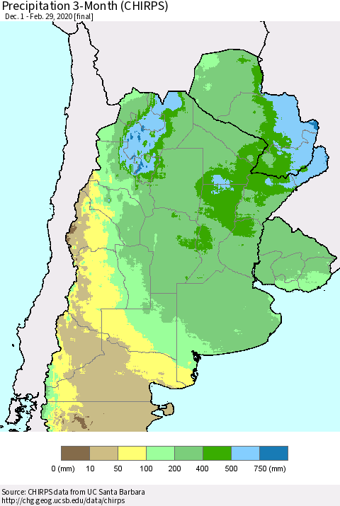 Southern South America Precipitation 3-Month (CHIRPS) Thematic Map For 12/1/2019 - 2/29/2020