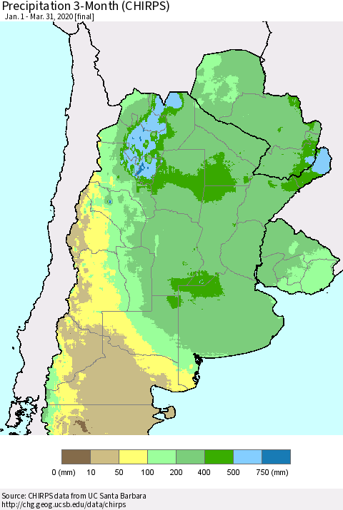 Southern South America Precipitation 3-Month (CHIRPS) Thematic Map For 1/1/2020 - 3/31/2020
