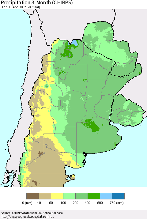 Southern South America Precipitation 3-Month (CHIRPS) Thematic Map For 2/1/2020 - 4/30/2020
