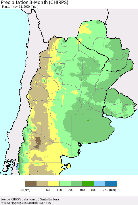 Southern South America Precipitation 3-Month (CHIRPS) Thematic Map For 3/1/2020 - 5/31/2020