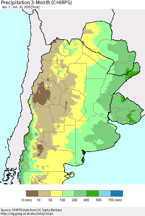 Southern South America Precipitation 3-Month (CHIRPS) Thematic Map For 4/1/2020 - 6/30/2020