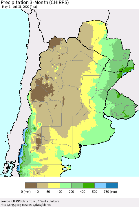Southern South America Precipitation 3-Month (CHIRPS) Thematic Map For 5/1/2020 - 7/31/2020