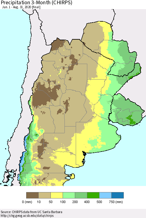 Southern South America Precipitation 3-Month (CHIRPS) Thematic Map For 6/1/2020 - 8/31/2020