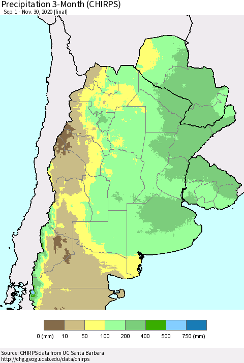 Southern South America Precipitation 3-Month (CHIRPS) Thematic Map For 9/1/2020 - 11/30/2020