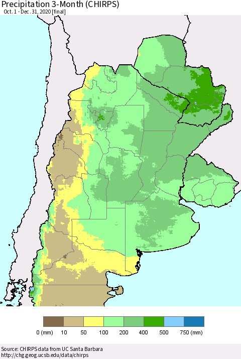 Southern South America Precipitation 3-Month (CHIRPS) Thematic Map For 10/1/2020 - 12/31/2020