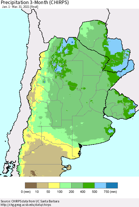 Southern South America Precipitation 3-Month (CHIRPS) Thematic Map For 1/1/2021 - 3/31/2021