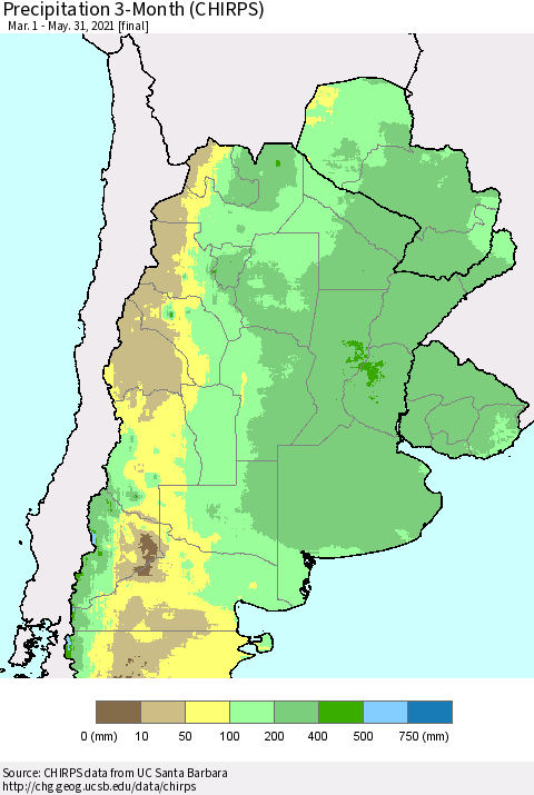 Southern South America Precipitation 3-Month (CHIRPS) Thematic Map For 3/1/2021 - 5/31/2021