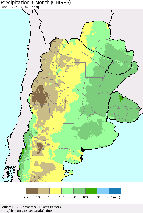 Southern South America Precipitation 3-Month (CHIRPS) Thematic Map For 4/1/2021 - 6/30/2021