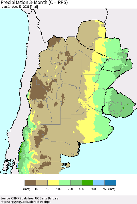 Southern South America Precipitation 3-Month (CHIRPS) Thematic Map For 6/1/2021 - 8/31/2021