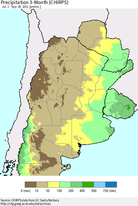 Southern South America Precipitation 3-Month (CHIRPS) Thematic Map For 7/1/2021 - 9/30/2021