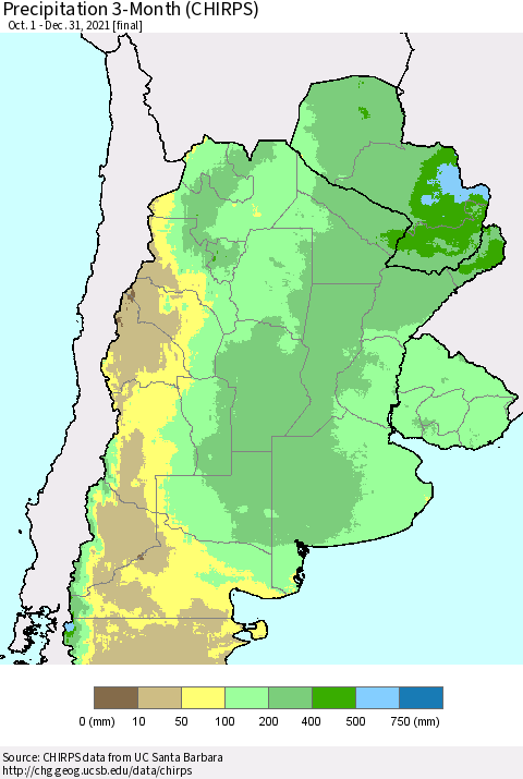 Southern South America Precipitation 3-Month (CHIRPS) Thematic Map For 10/1/2021 - 12/31/2021