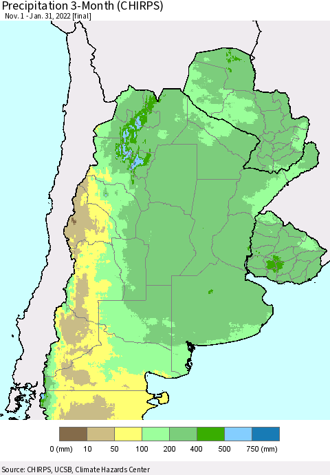 Southern South America Precipitation 3-Month (CHIRPS) Thematic Map For 11/1/2021 - 1/31/2022