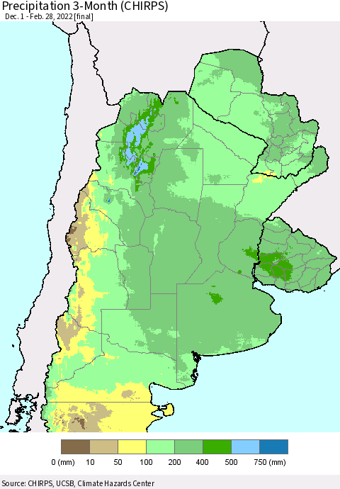 Southern South America Precipitation 3-Month (CHIRPS) Thematic Map For 12/1/2021 - 2/28/2022