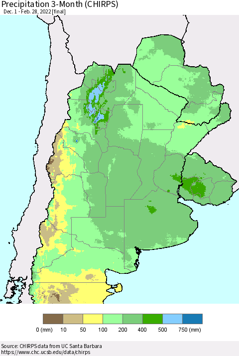 Southern South America Precipitation 3-Month (CHIRPS) Thematic Map For 12/1/2021 - 2/28/2022