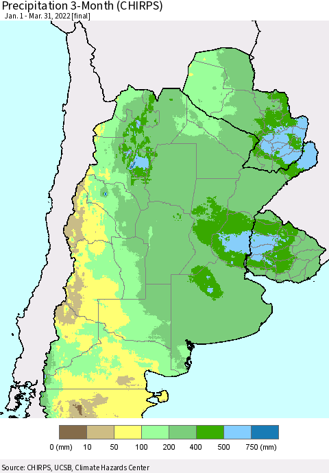 Southern South America Precipitation 3-Month (CHIRPS) Thematic Map For 1/1/2022 - 3/31/2022