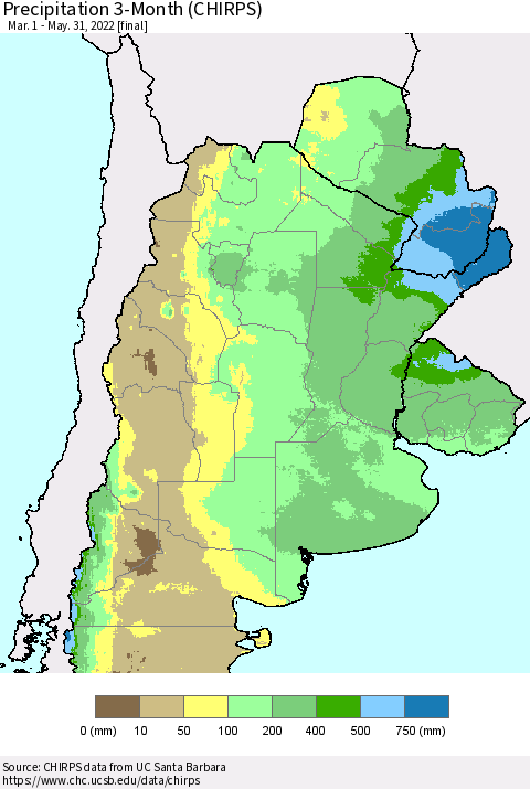 Southern South America Precipitation 3-Month (CHIRPS) Thematic Map For 3/1/2022 - 5/31/2022